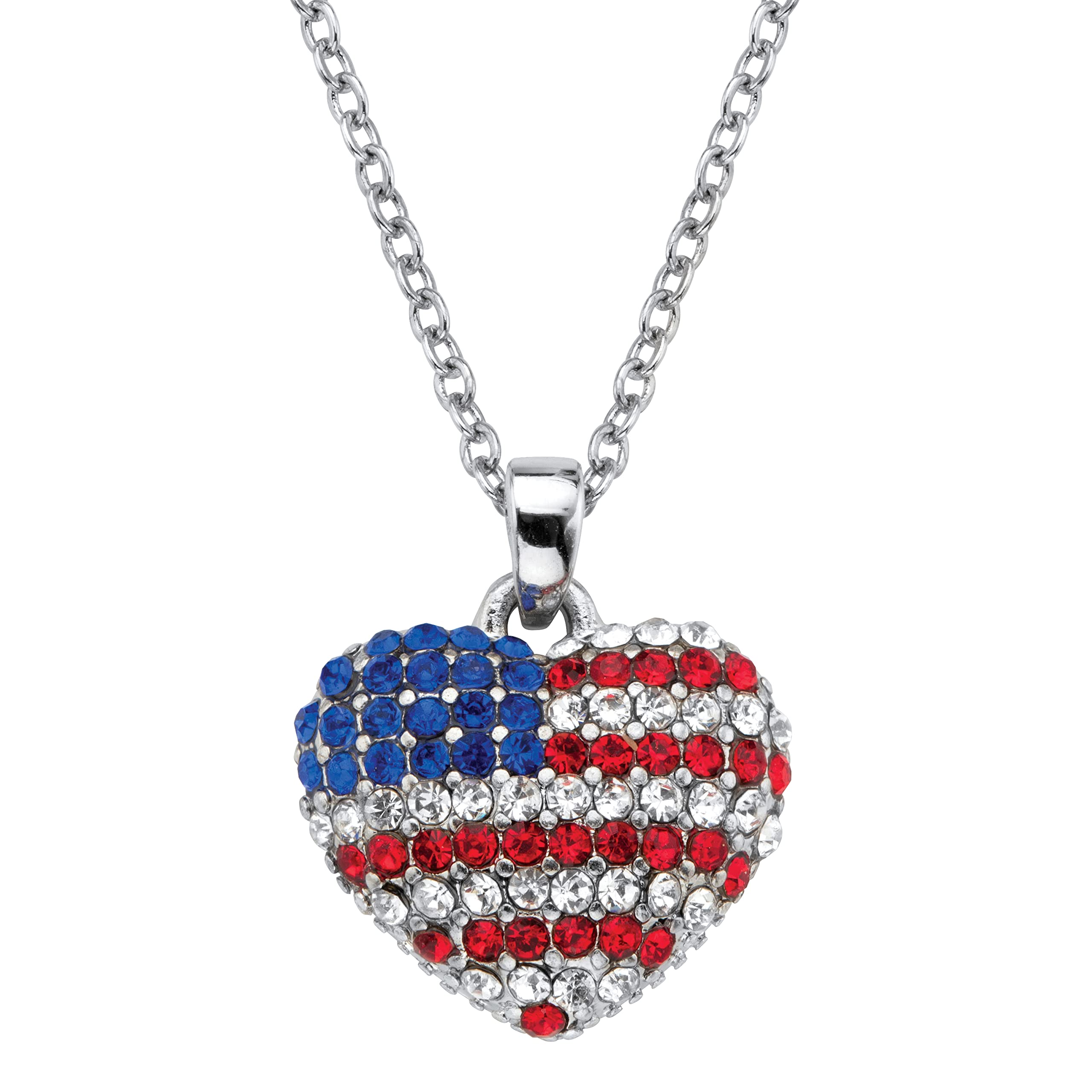 PalmBeach Silvertone Round Red White and Blue Crystal American Flag Heart Pendant (16mm) with 18 inch Chain