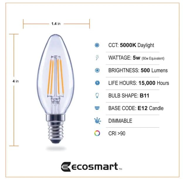 EcoSmart 60-Watt Equivalent B11 Dimmable Energy Star Clear Filament Vintage Style LED Light Bulb Daylight (3-Pack)