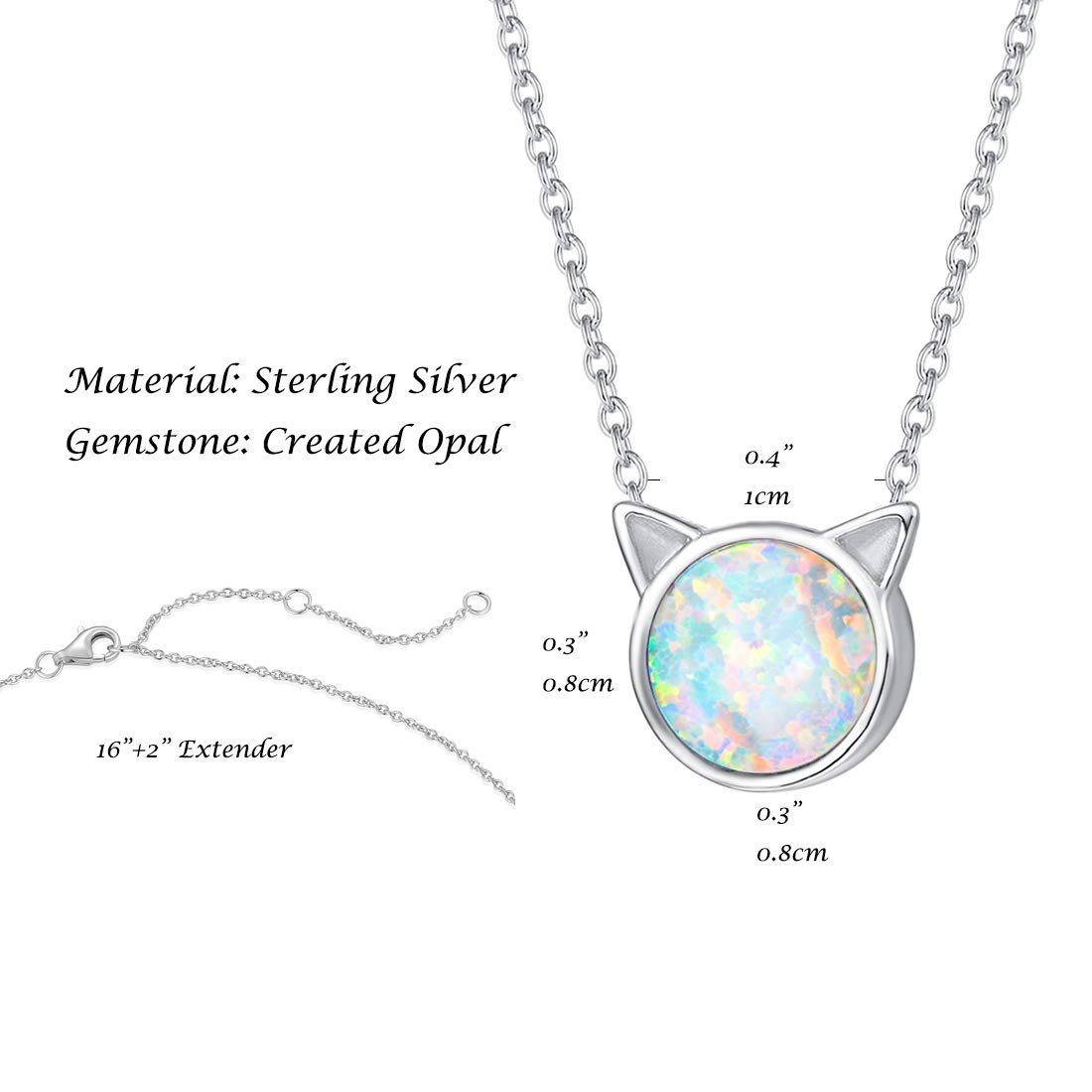 FANCIME Sterling Silver Cat Necklace White Created Opal Cat Pendant Cute Necklace Small Animal Jewerly For Women 18"