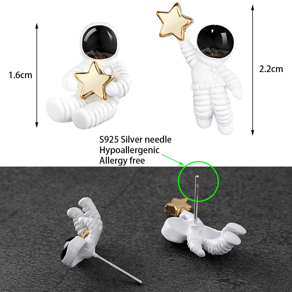 Creative Cartoon Astronaut Stud Earrings for Women Asymmetric Spaceman Star Earing Hypoallergenic Jewelry (Stud)