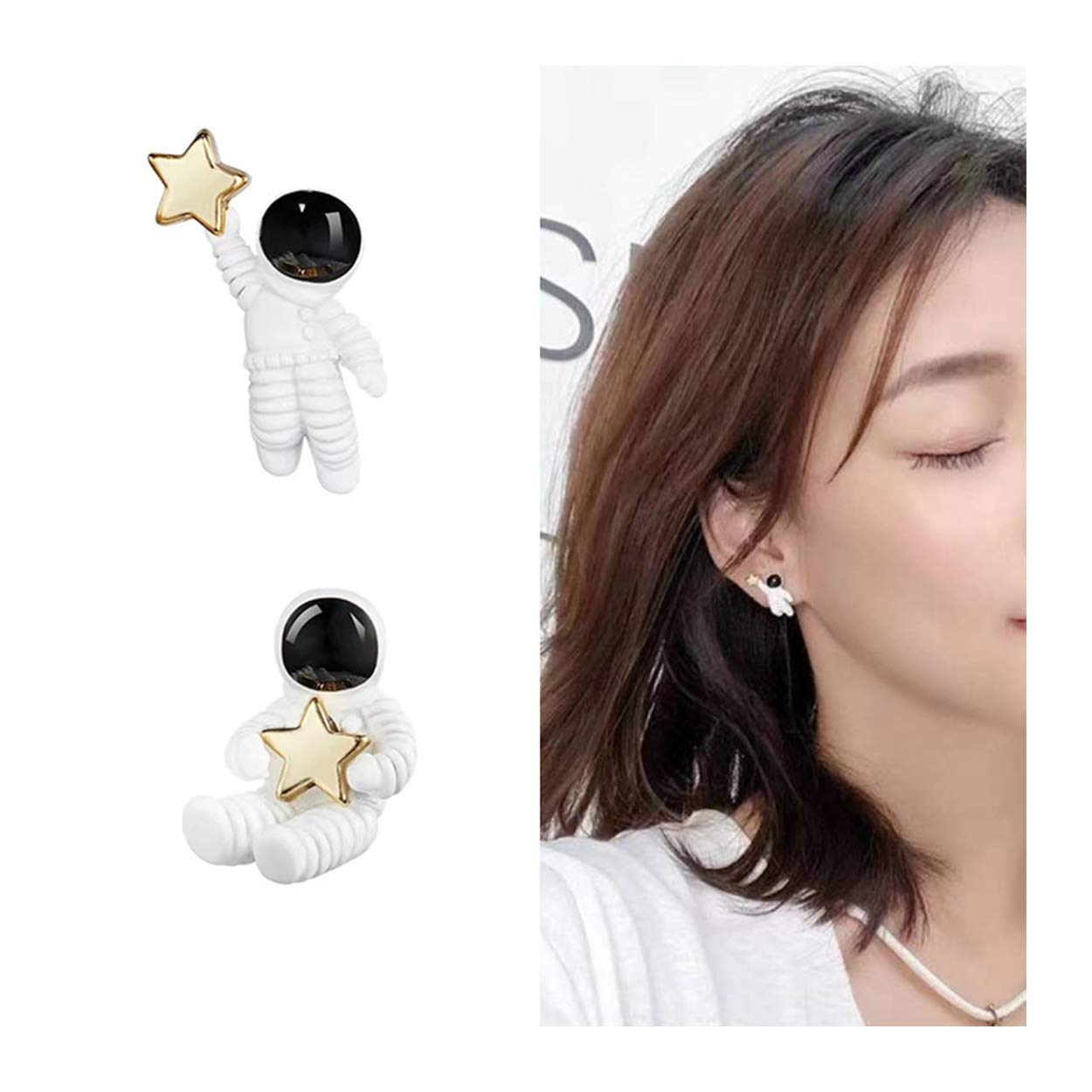 Creative Cartoon Astronaut Stud Earrings for Women Asymmetric Spaceman Star Earing Hypoallergenic Jewelry (Stud)