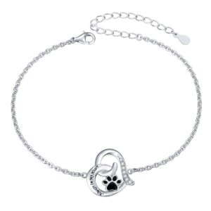 flyow 925 sterling silver engraved always in my heart cat puppy dog paw print heart bracelet jewelry for women friends pet lover, 7 inch