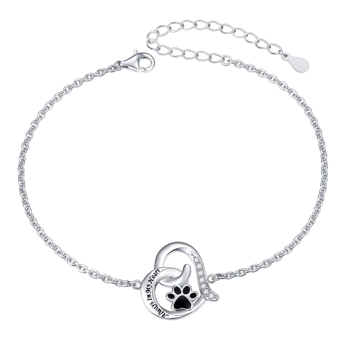 FLYOW 925 Sterling Silver Engraved Always In My Heart Cat Puppy Dog Paw Print Heart Bracelet Jewelry for Women Friends Pet Lover, 7 inch