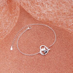 FLYOW 925 Sterling Silver Engraved Always In My Heart Cat Puppy Dog Paw Print Heart Bracelet Jewelry for Women Friends Pet Lover, 7 inch