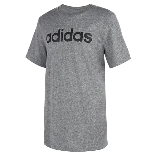 adidas Boys' Big Short Sleeve Cotton Script T-Shirt, Linear Logo Dark Grey, Large