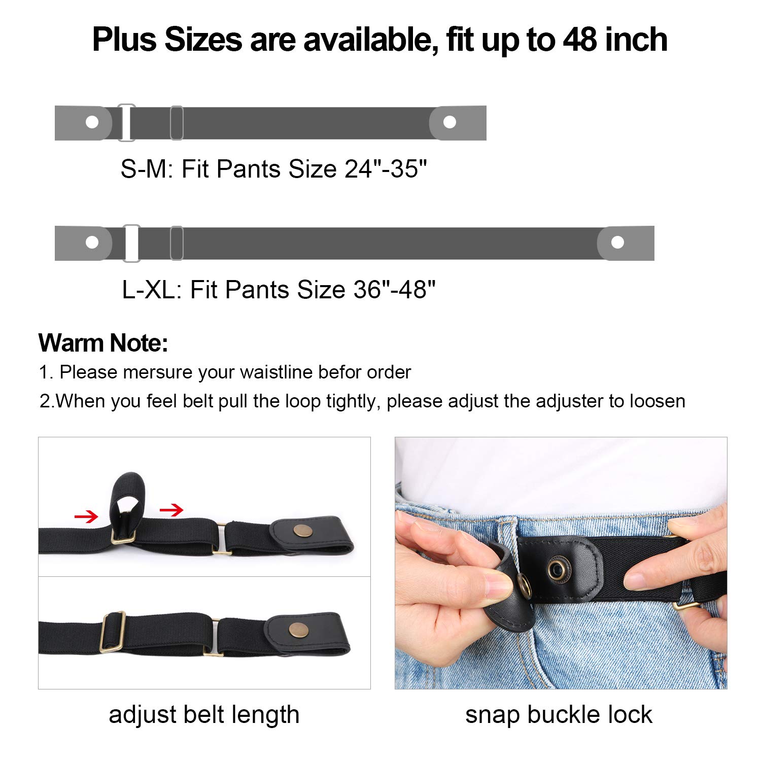 XZQTIVE Women/Men Buckle-Free Elastic Belt for Jeans - 1.25" Ladies Invisible Waist Belt Fits 24" to 50" (Fit for waist size 35-50in, A Black)