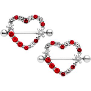 Body Candy 14G Nipplerings Piercing 9/16" 316L Steel 2Pc Clear Red Accent Lovers Heart Nipple Ring Set 14mm