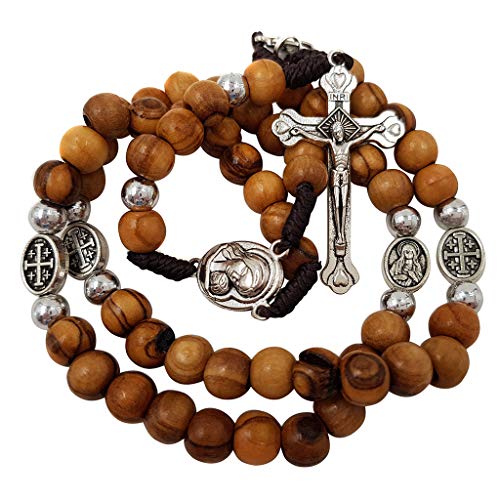 TALISMAN4U Olive Wood Rosary Beads Catholic Necklace with Jerusalem Holy Soil & Certificate in Blue Velvet Rosary Pouch