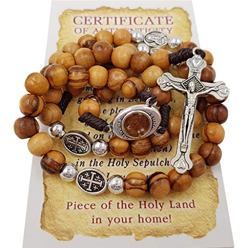 TALISMAN4U Olive Wood Rosary Beads Catholic Necklace with Jerusalem Holy Soil & Certificate in Blue Velvet Rosary Pouch