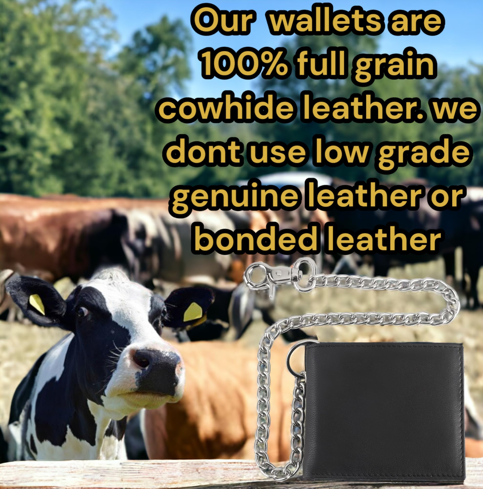 F&L CLASSIC RFID Blocking Mens bi-fold Style Cowhide Leather Steel Chain Wallet, texas black