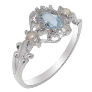 925 Sterling Silver Natural Aquamarine & Cultured Pearl Womens Statement Ring - Size 9.25