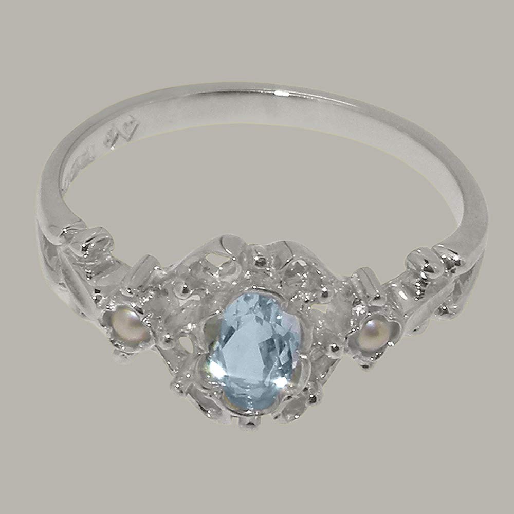 925 Sterling Silver Natural Aquamarine & Cultured Pearl Womens Statement Ring - Size 9.25