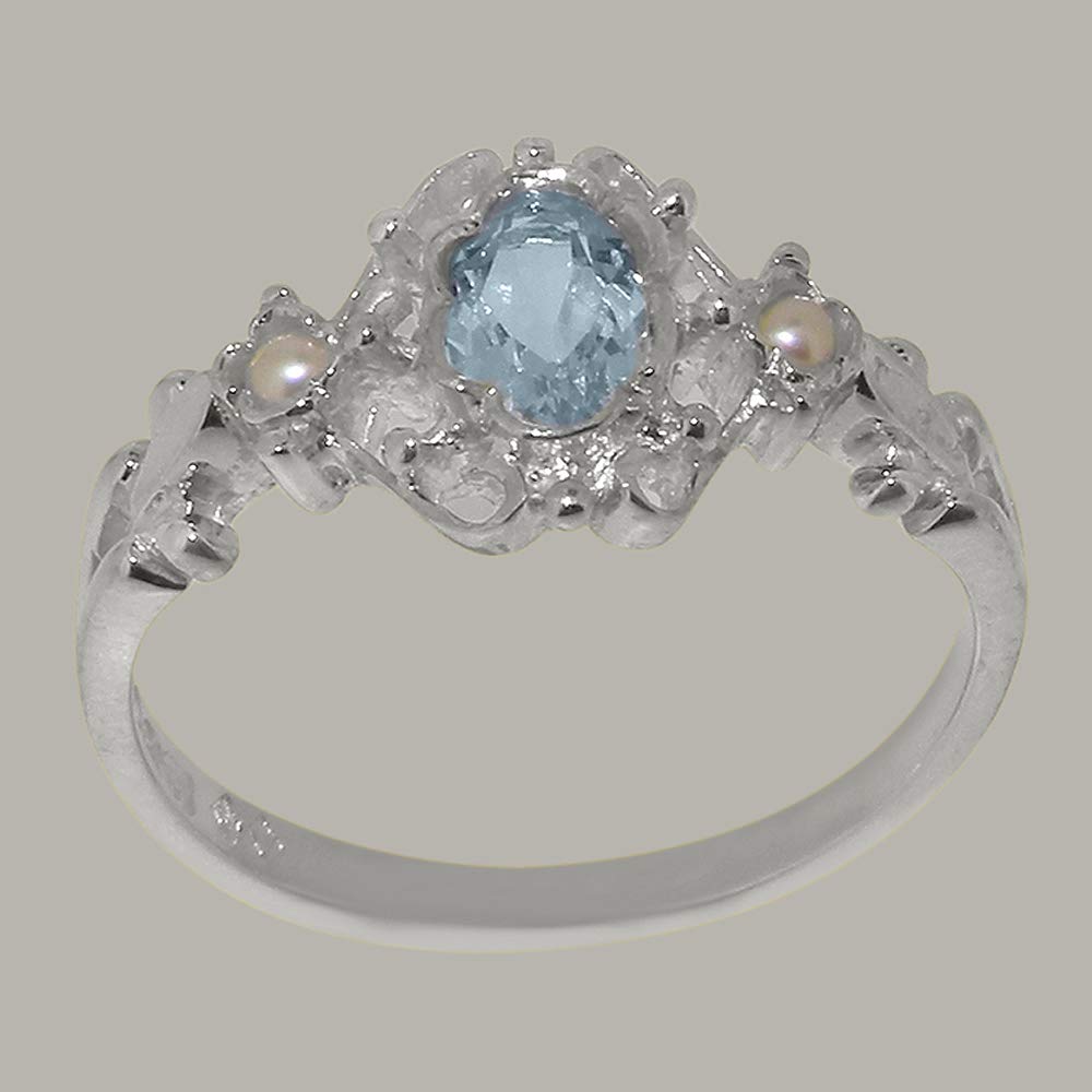 925 Sterling Silver Natural Aquamarine & Cultured Pearl Womens Statement Ring - Size 9.25