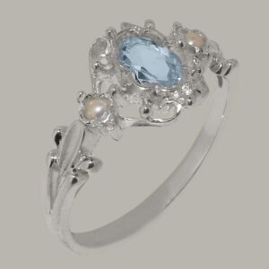 925 Sterling Silver Natural Aquamarine & Cultured Pearl Womens Statement Ring - Size 9.25