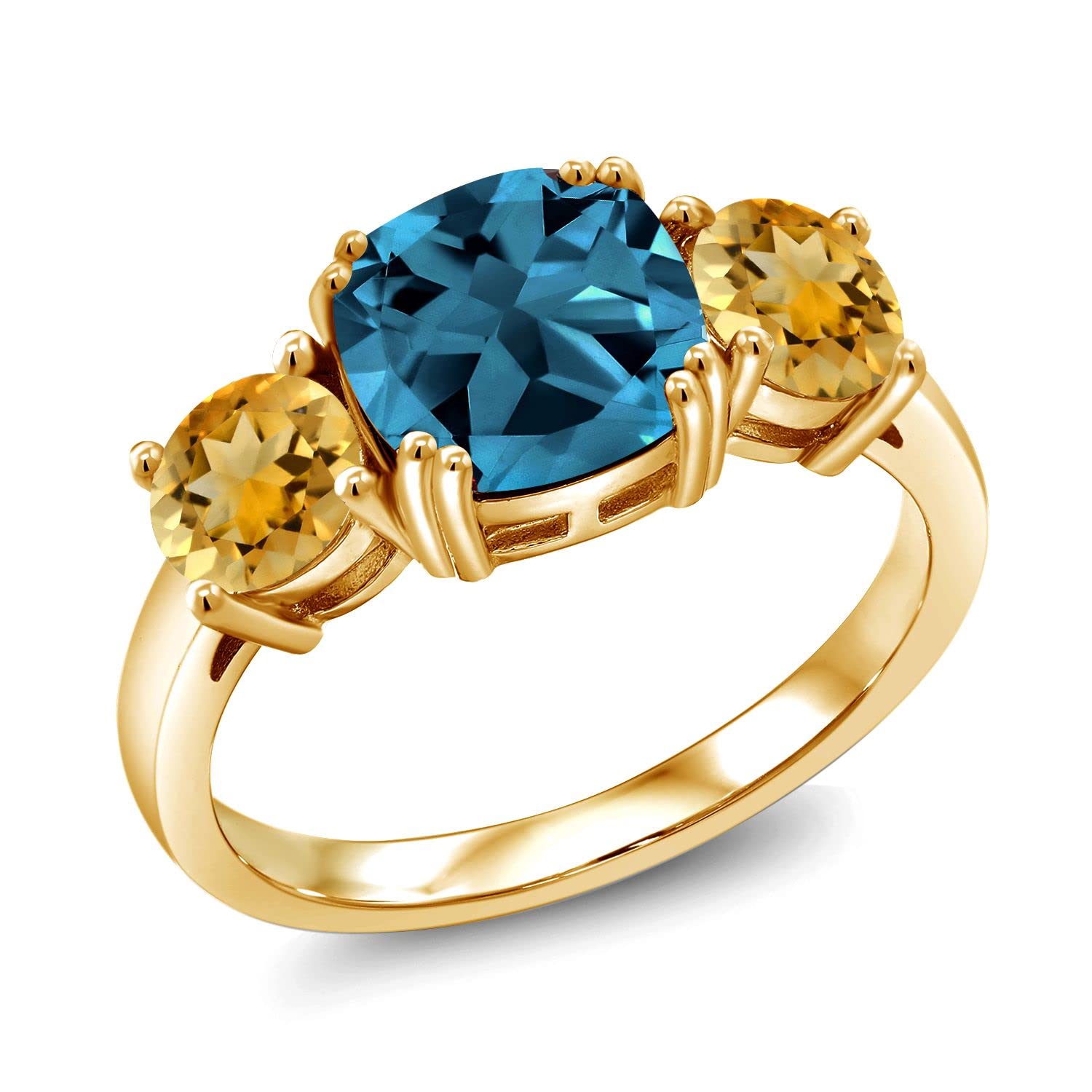 Gem Stone King 18K Yellow Gold Plated Silver London Blue Topaz and Yellow Citrine 3 Stone Engagement Ring For Women (4.10 Cttw, Gemstone November Birthstone, Cushion 8MM, Size 5)