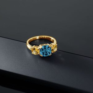 Gem Stone King 18K Yellow Gold Plated Silver London Blue Topaz and Yellow Citrine 3 Stone Engagement Ring For Women (4.10 Cttw, Gemstone November Birthstone, Cushion 8MM, Size 5)