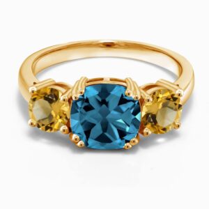 Gem Stone King 18K Yellow Gold Plated Silver London Blue Topaz and Yellow Citrine 3 Stone Engagement Ring For Women (4.10 Cttw, Gemstone November Birthstone, Cushion 8MM, Size 5)