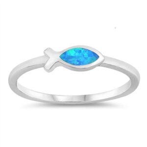 CloseoutWarehouse Blue Simulated Opal Christian Fish Ring Sterling Silver Size 8