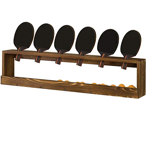 MyGift Wall Mounted Solid Burnt Wood Ping Pong Paddle Table Tennis Racket Display Rack Holder with Ball Holder Storage Shelf