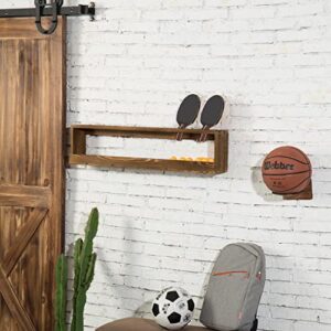 MyGift Wall Mounted Solid Burnt Wood Ping Pong Paddle Table Tennis Racket Display Rack Holder with Ball Holder Storage Shelf