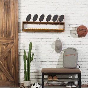 MyGift Wall Mounted Solid Burnt Wood Ping Pong Paddle Table Tennis Racket Display Rack Holder with Ball Holder Storage Shelf