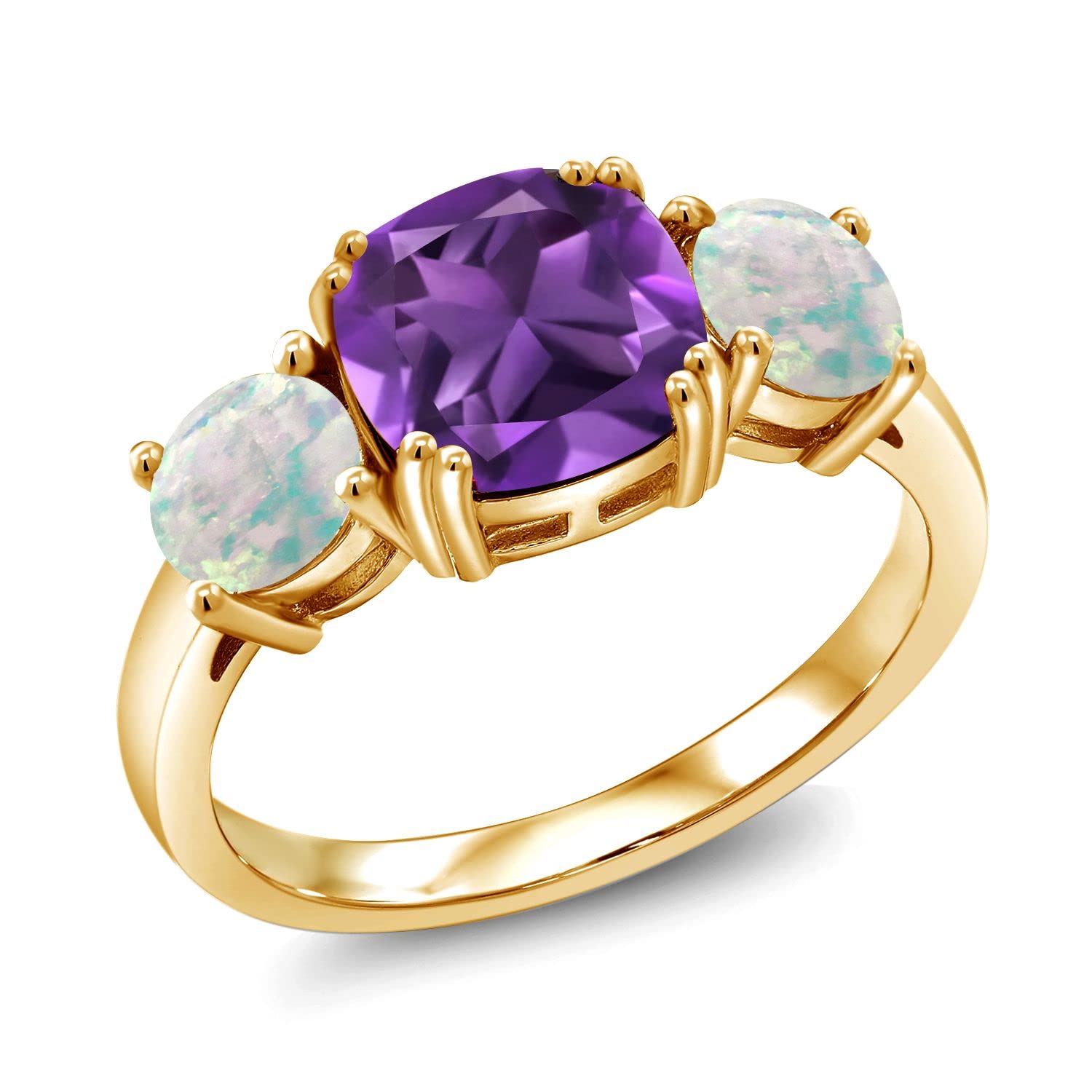 Gem Stone King 18K Yellow Gold Plated Silver Purple Amethyst and Simulated White Opal 3 Stone Engagement Ring For Women (3.10 Cttw, Gemstone February Birthstone, Cushion 8MM, Size 9)