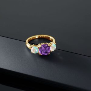 Gem Stone King 18K Yellow Gold Plated Silver Purple Amethyst and Simulated White Opal 3 Stone Engagement Ring For Women (3.10 Cttw, Gemstone February Birthstone, Cushion 8MM, Size 9)