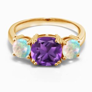 Gem Stone King 18K Yellow Gold Plated Silver Purple Amethyst and Simulated White Opal 3 Stone Engagement Ring For Women (3.10 Cttw, Gemstone February Birthstone, Cushion 8MM, Size 9)