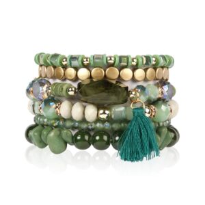 riah fashion coin bead multi layer versatile statement bracelets - stackable beaded strand stretch bangles sparkly crystal, tassel charm (green)