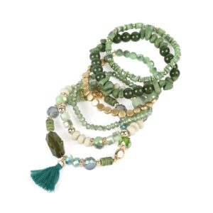 RIAH FASHION Coin Bead Multi Layer Versatile Statement Bracelets - Stackable Beaded Strand Stretch Bangles Sparkly Crystal, Tassel Charm (Green)