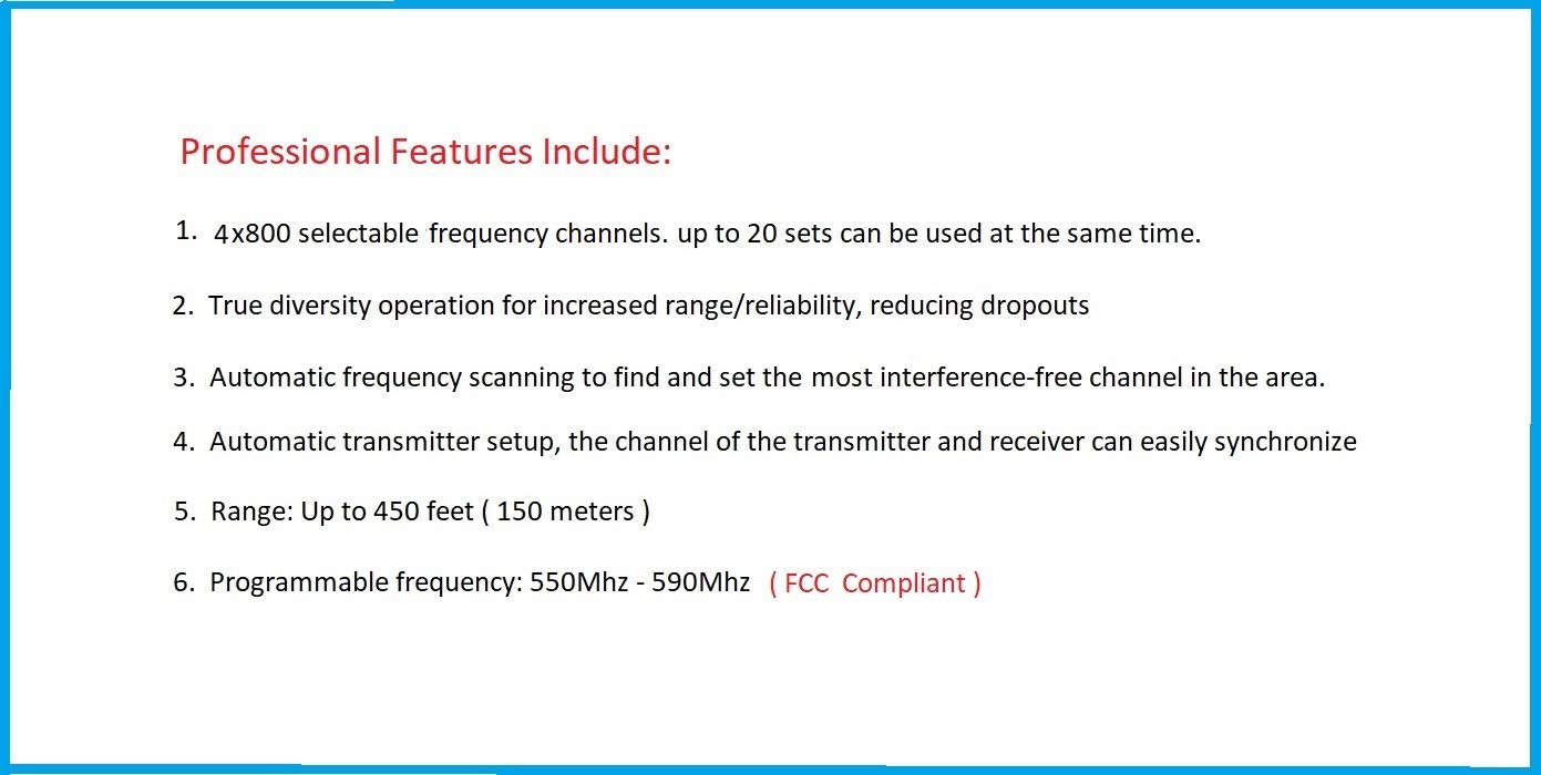 GTD Audio 4x800 Selectable Frequency Channels UHF Diversity Wireless Hand-held/Lavalier/Lapel/Headset Microphone Mic System 400fts