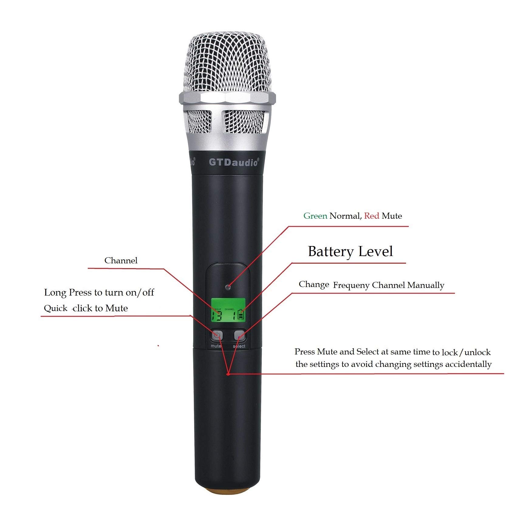 GTD Audio 4x800 Selectable Frequency Channels UHF Diversity Wireless Hand-held/Lavalier/Lapel/Headset Microphone Mic System 400fts