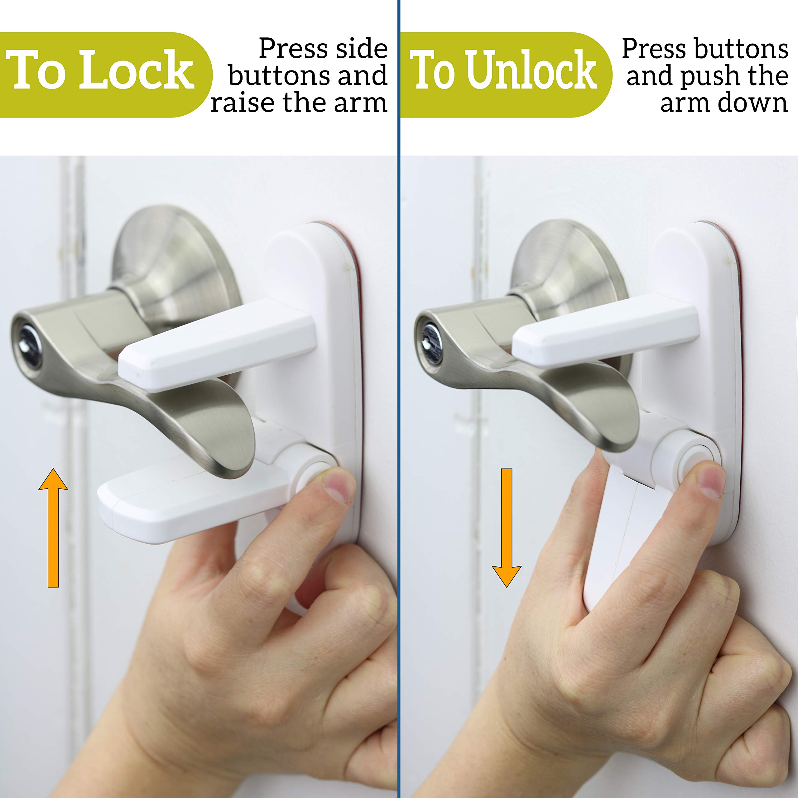 Door Lever Lock (3 Pack) Prevents Toddlers from Opening Doors. 3.25" L * 1.5" W * 4.5" H Easy One Hand Operation for Adults. Durable ABS with 3M Adhesive Backing. Simple Install, No Tools Needed.