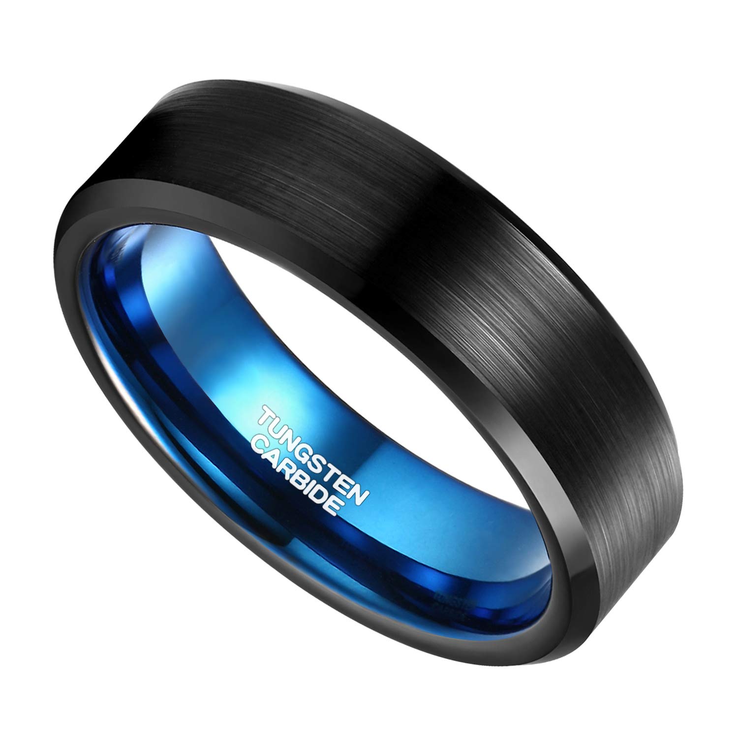 6mm Tungsten Ring for Women Men Black and Blue Thin Two Tone Beveled Edge Comfort Fit Size 7