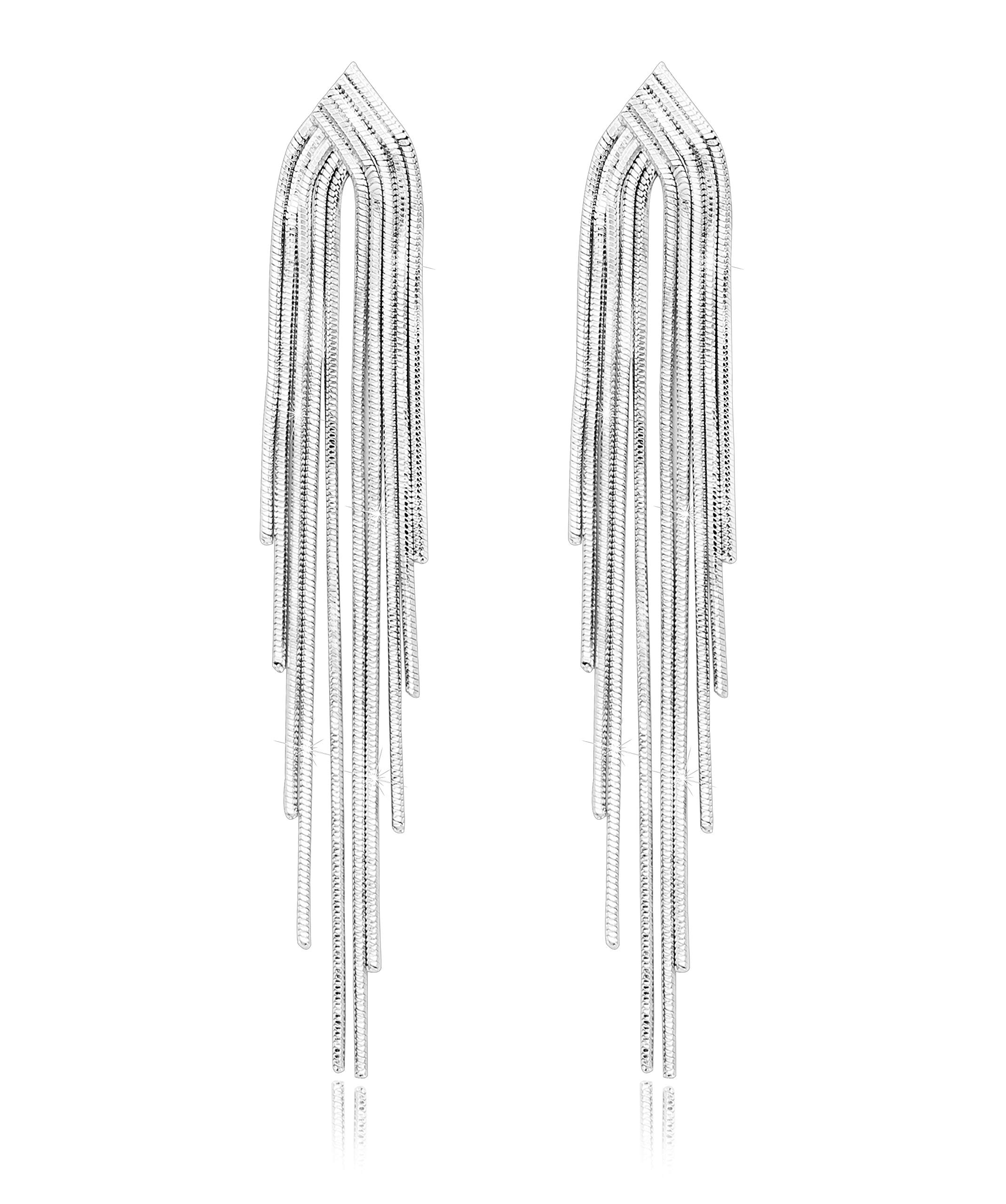 KristLand - S925 Silver/Alloy Hook Sleek Chain Tassel Drop Earrings Long Leather Fringe Dangle Simple Dainty Earrings Silver A Tassel