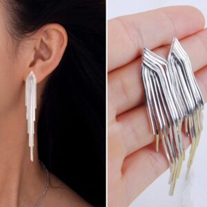 KristLand - S925 Silver/Alloy Hook Sleek Chain Tassel Drop Earrings Long Leather Fringe Dangle Simple Dainty Earrings Silver A Tassel