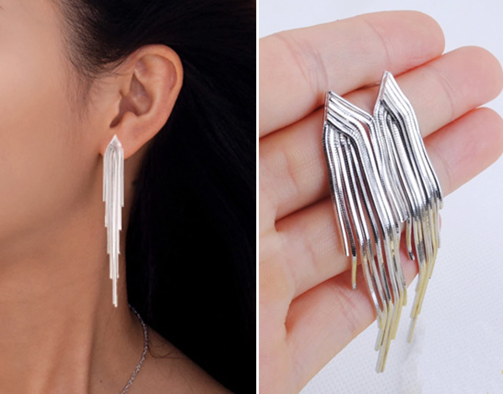 KristLand - S925 Silver/Alloy Hook Sleek Chain Tassel Drop Earrings Long Leather Fringe Dangle Simple Dainty Earrings Silver A Tassel