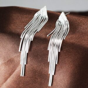 KristLand - S925 Silver/Alloy Hook Sleek Chain Tassel Drop Earrings Long Leather Fringe Dangle Simple Dainty Earrings Silver A Tassel