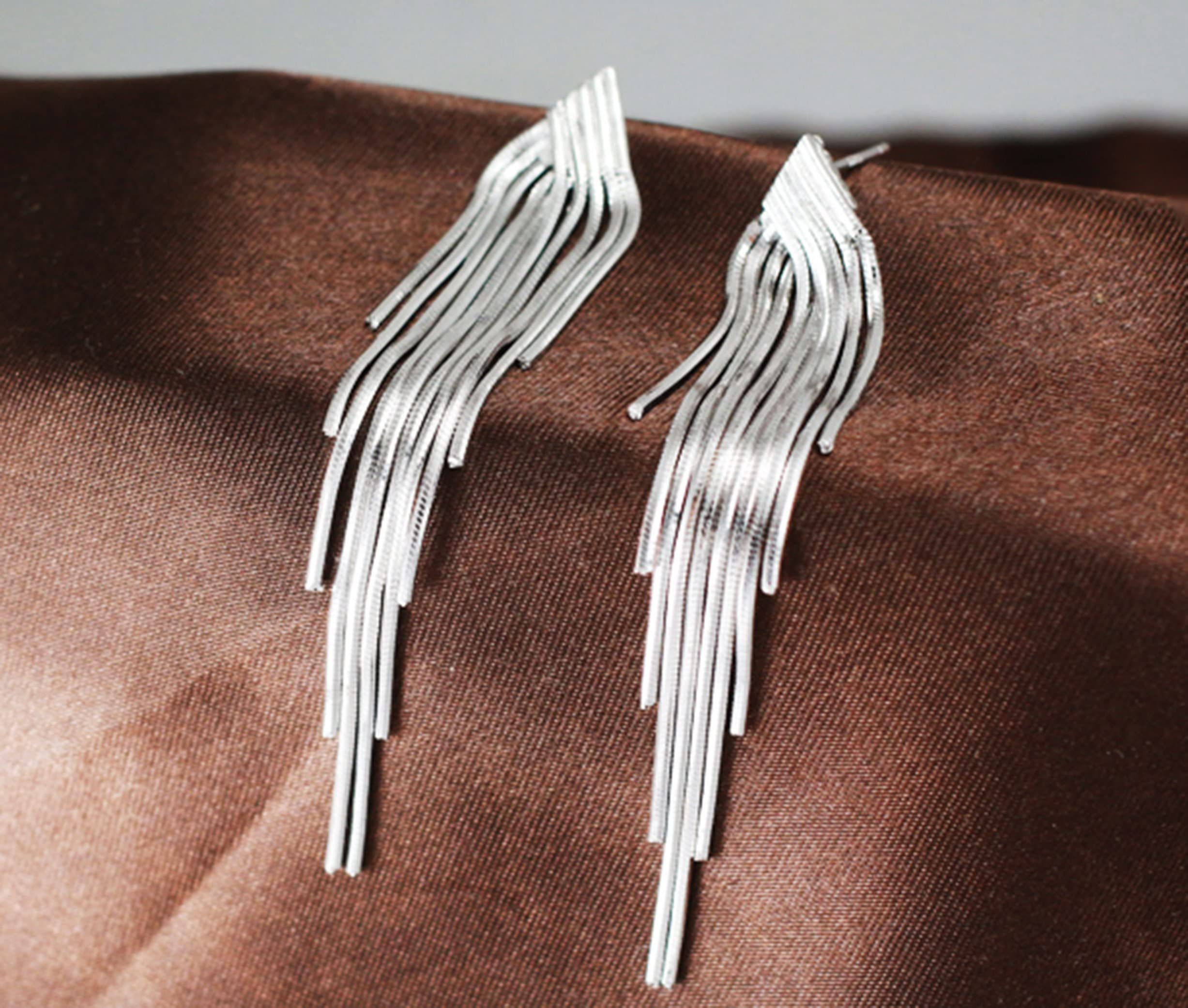 KristLand - S925 Silver/Alloy Hook Sleek Chain Tassel Drop Earrings Long Leather Fringe Dangle Simple Dainty Earrings Silver A Tassel