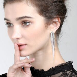 KristLand - S925 Silver/Alloy Hook Sleek Chain Tassel Drop Earrings Long Leather Fringe Dangle Simple Dainty Earrings Silver A Tassel