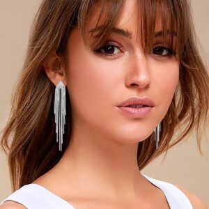 KristLand - S925 Silver/Alloy Hook Sleek Chain Tassel Drop Earrings Long Leather Fringe Dangle Simple Dainty Earrings Silver A Tassel