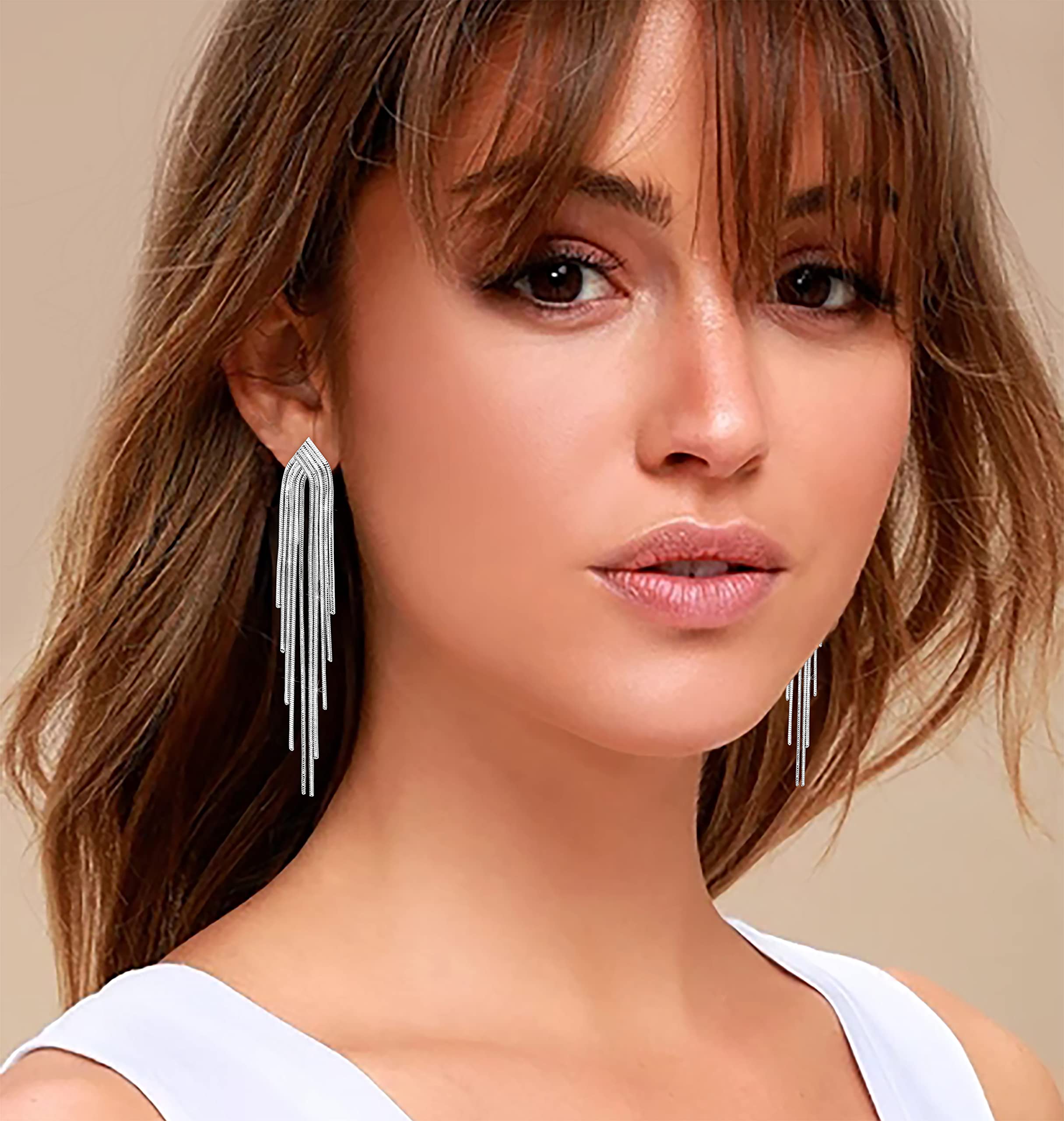 KristLand - S925 Silver/Alloy Hook Sleek Chain Tassel Drop Earrings Long Leather Fringe Dangle Simple Dainty Earrings Silver A Tassel