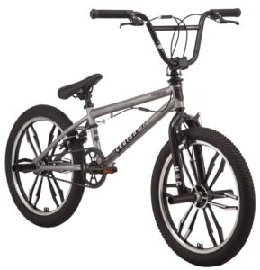 mongoose legion mag kids freestyle sidewalk bmx bike, beginner riders, girls and boys, 20-inch stylish aluminum mag wheels with 4 axle pegs, hi-ten steel frame, micro drive 40x16t bmx gearing, silver