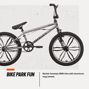 Mongoose Legion Mag Kids Freestyle Sidewalk BMX Bike, Beginner Riders, Girls and Boys, 20-Inch Stylish Aluminum Mag Wheels With 4 Axle Pegs, Hi-Ten Steel Frame, Micro Drive 40x16T BMX Gearing, Silver