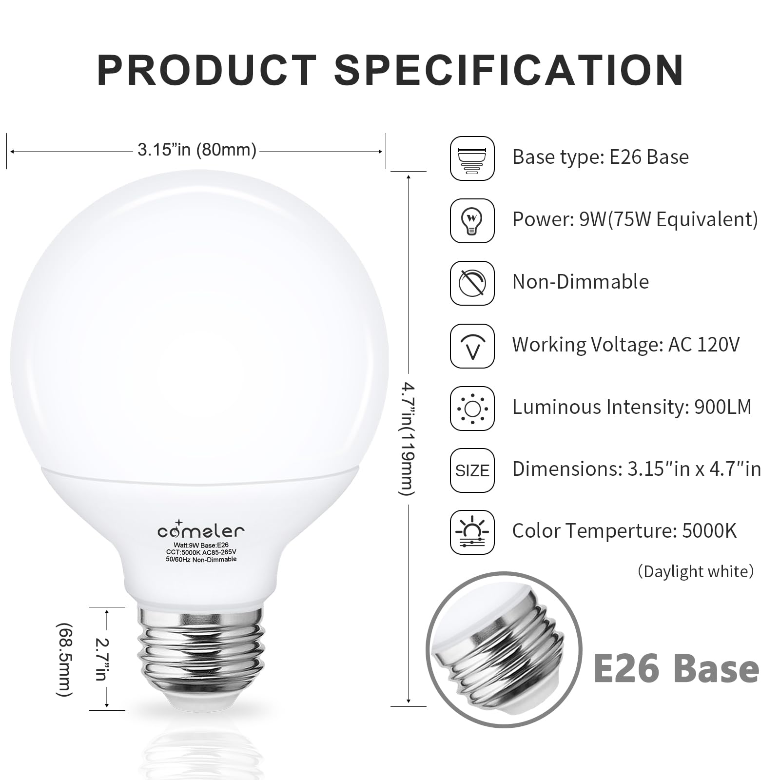 comzler G25 LED Globe Light Bulbs, 80 Watt Equivalent 5000K Daylight Vanity, 900LM LED Bathroom Light Bulbs, E26 Medium Screw Base, Non-dimmable, Pack of 4