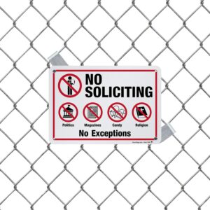 SmartSign 7" x 10" 'No Soliciting - No Exceptions Politics Magazines No Candy No Religion' Metal Sign, 40 mil Aluminum 3M Laminated Engineer Grade Reflective, Red, Black and White, USA-Made