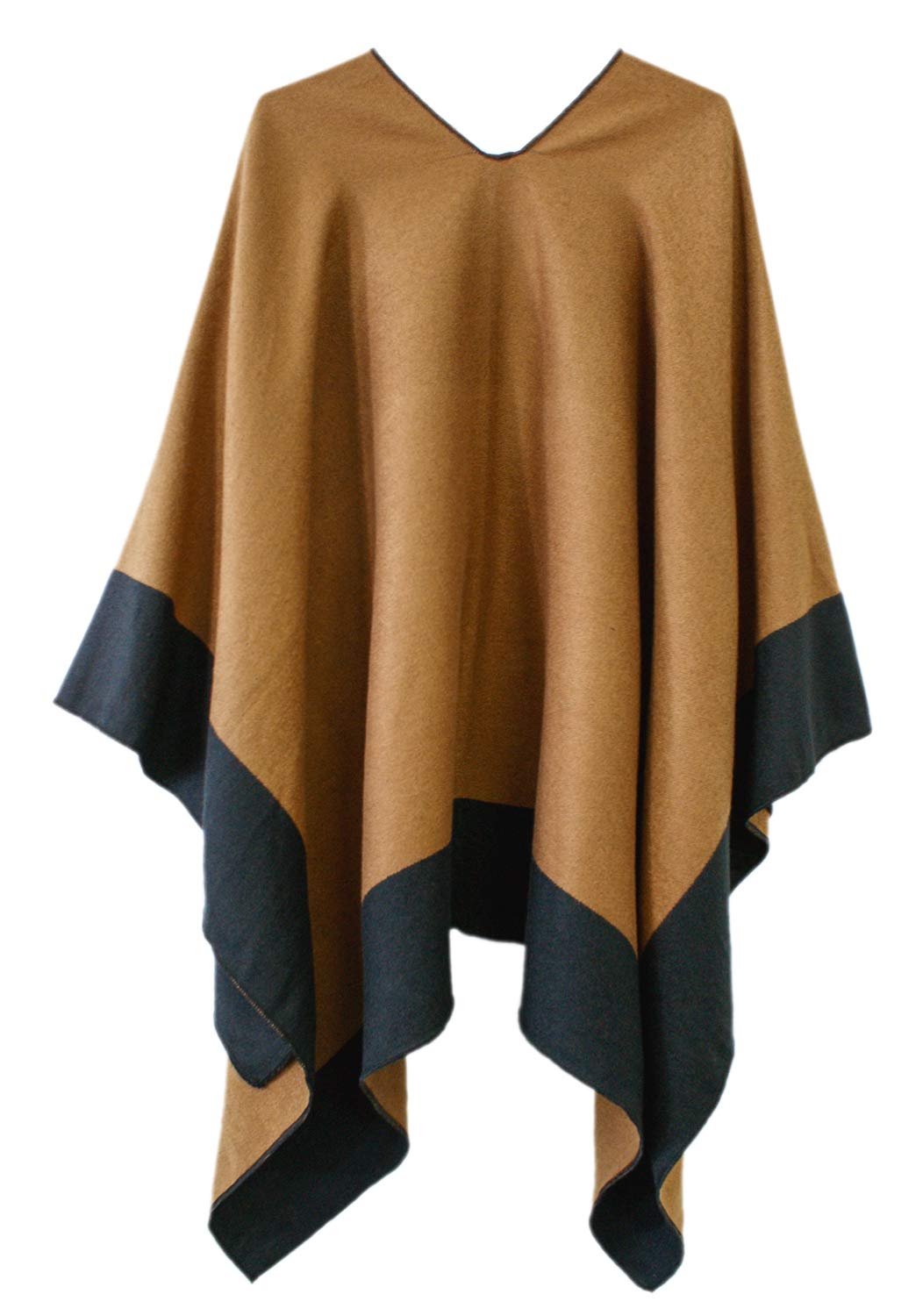 Women's Color Block Reversible Wrap Shawl Poncho Cape (Black 2)