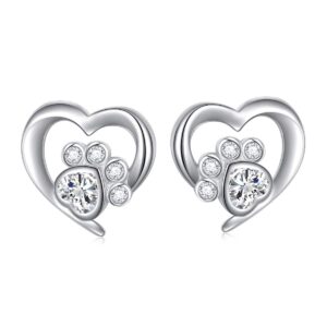 heart paw jewelry 925 sterling silver cute heart cz cat puppy dog paw print stud earrings for women friends birthday jewelry (nickel free)