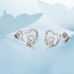 Heart Paw Jewelry 925 Sterling Silver Cute Heart CZ Cat Puppy Dog Paw Print Stud Earrings for Women Friends Birthday Jewelry (Nickel Free)