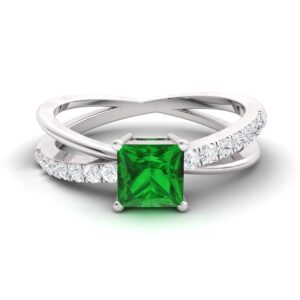 Diamondere Natural and Certified Emerald and Diamond Engagement Ring in 14K White Gold | 0.77 Carat Sidestone Ring for Women, US Size 4.5